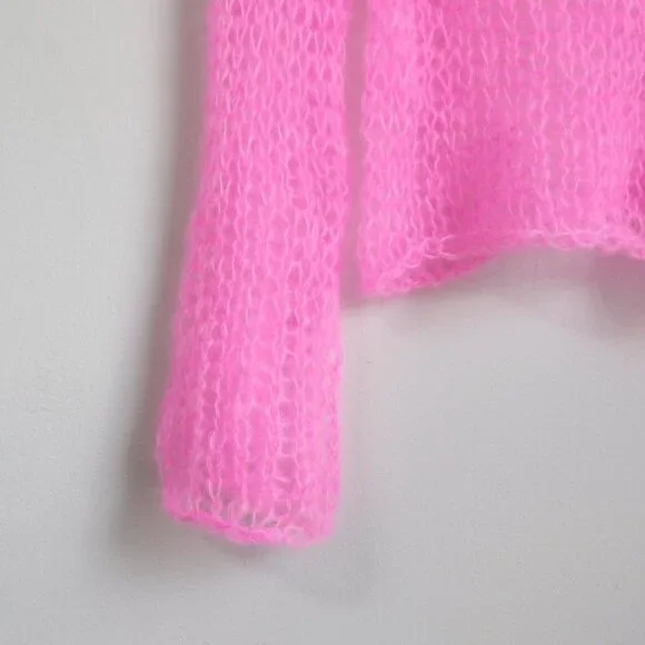 Handmade neon pink mohair open knit mesh sweater Size S - Picture 3 of 3